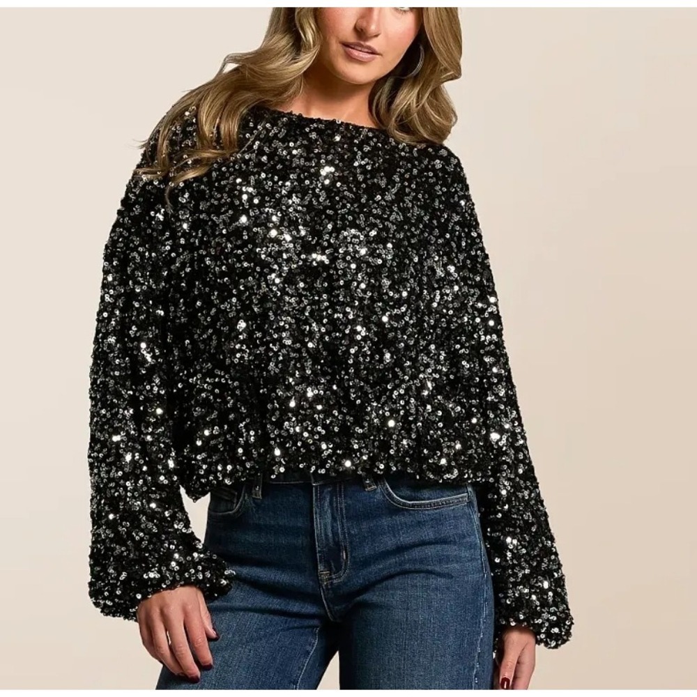 Buckle En Creme Long Sleeve Sequin Dolman Cropped Top Small #95